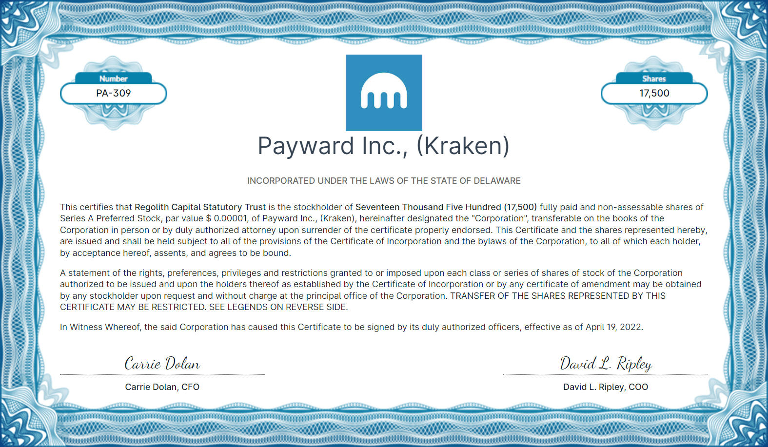 Kraken certificate dated 19.04.2022