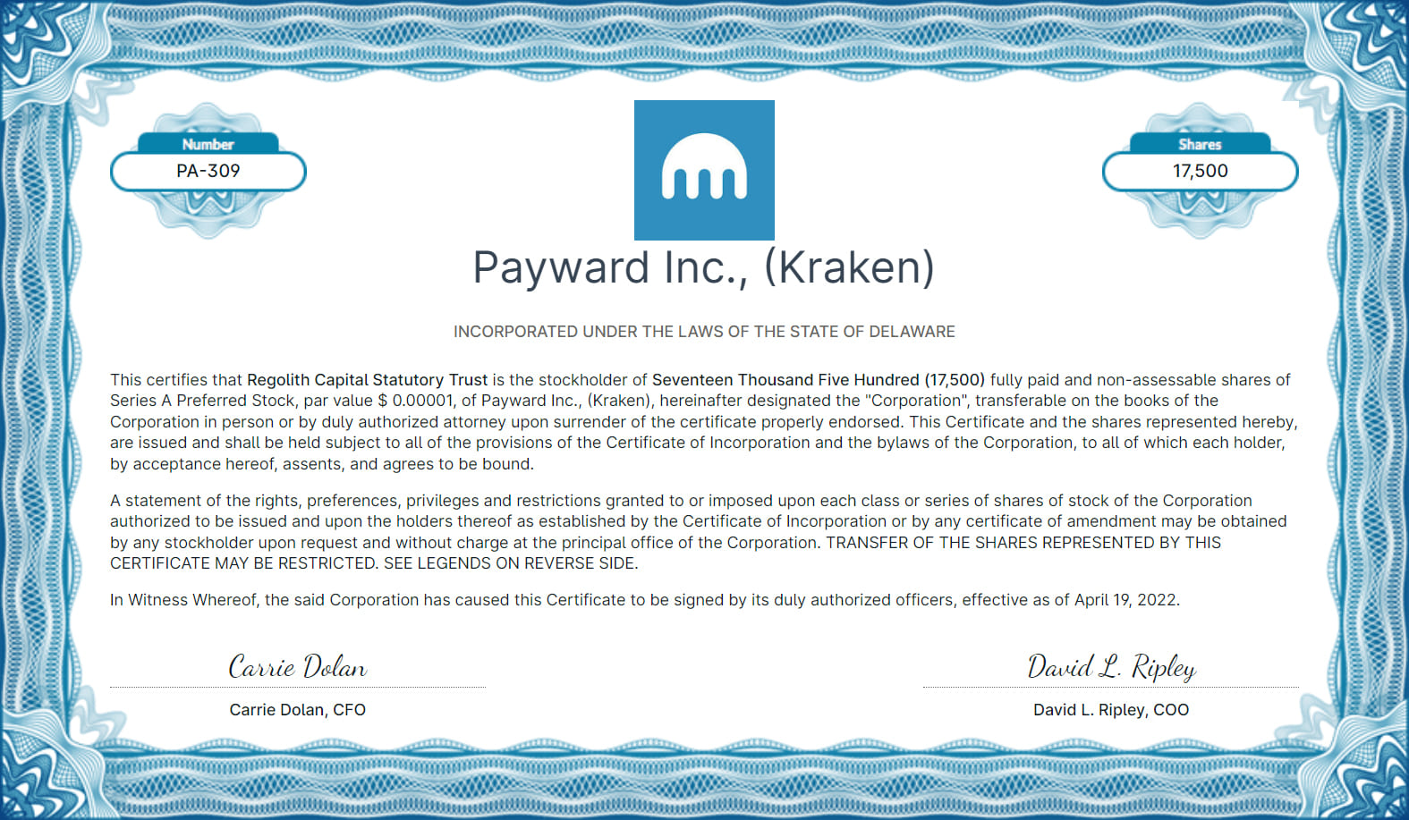 Certificat Kraken du 19.04.2022